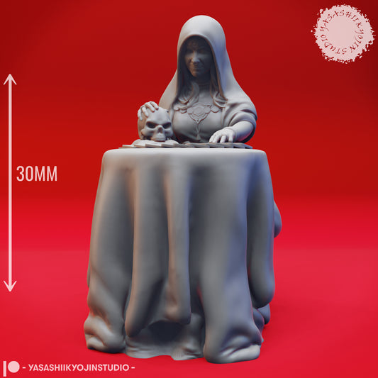 Fortune Teller - Seated - NPC - 3D Printed Mini for Tabletop Gaming, Dungeons and Dragons, Pathfinder, Kings of War and other RPG's